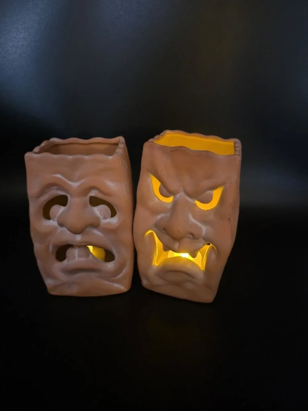 Russ Jack-O-Lantern Terracotta Paper Bag Pumpkin Candleholder Pair Halloween Vtg